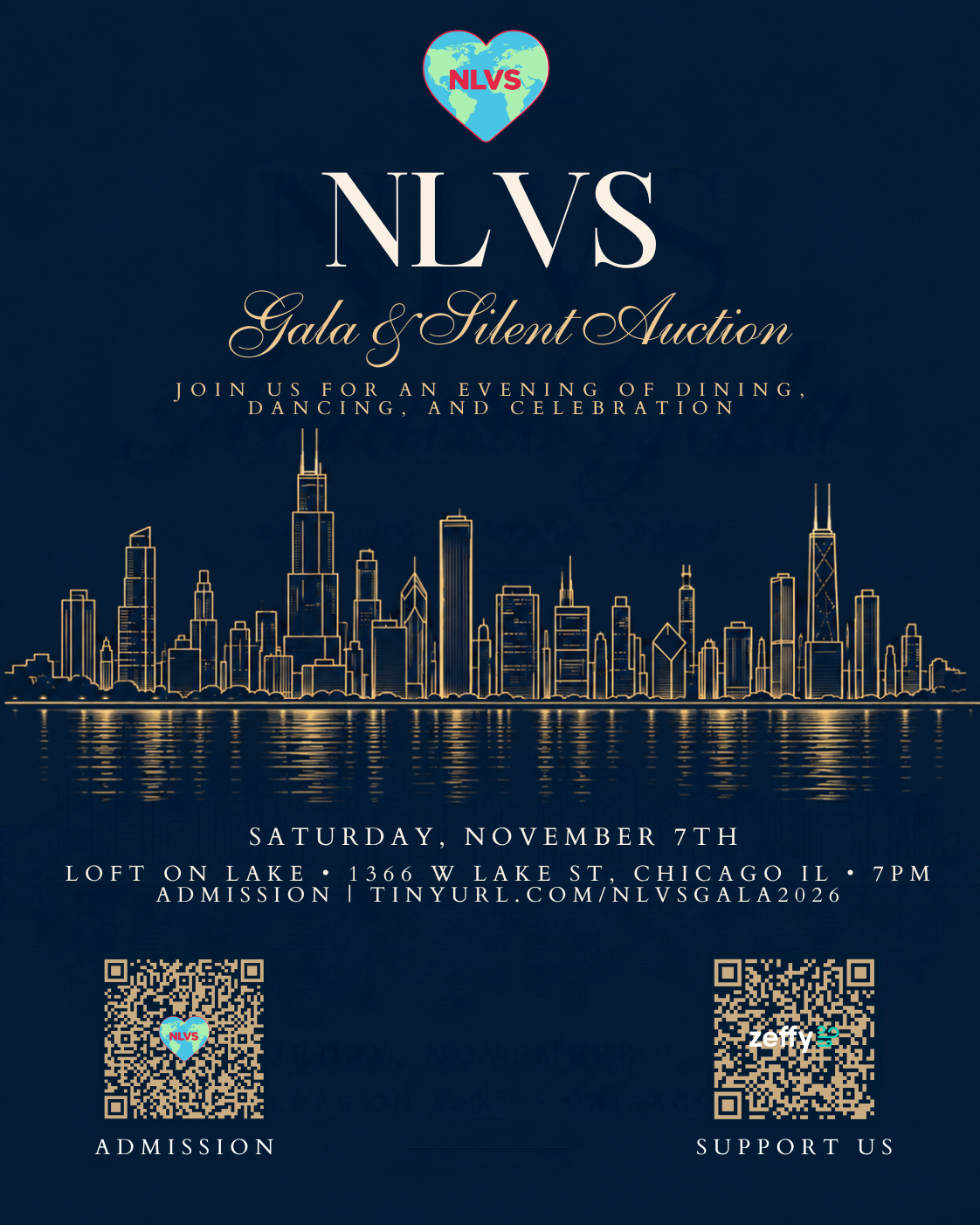 NLVS Gala and Silent Auction — Saturday, November 7, 2026 at 7 PM, Loft on Lake, 1366 W Lake St, Chicago. Select this flyer to buy tickets.
